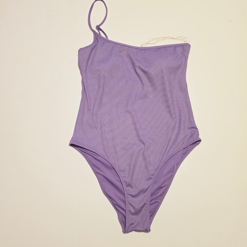 Everyday Sunday Ribbed Shimmer One Shoulder One Piece Swimsuit Purple Medium